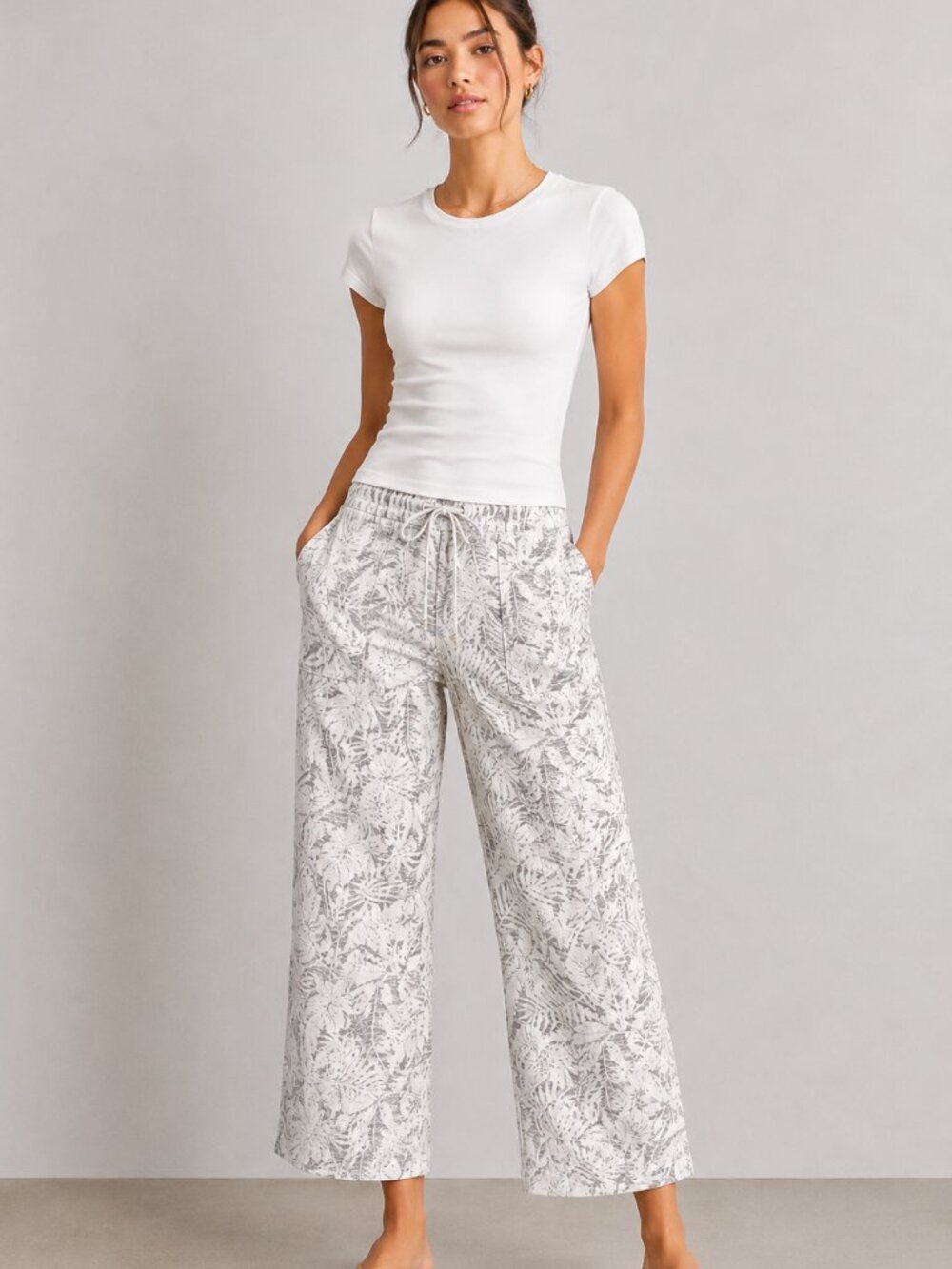 Rewash Linen Drawstring Pants in Lt Gray Tropical Print, Size M